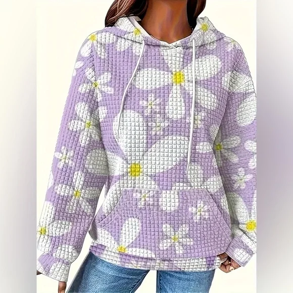 Floral Print Textured Drawstring Hoodie - Picture 10 of 11